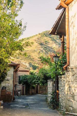 Cozy alleyway in Mtskheta, Georgia, with traditional stone walls, lush greenery, and a distant hill under warm morning sunlight. Peaceful village atmosphere and timeless charmの写真素材
