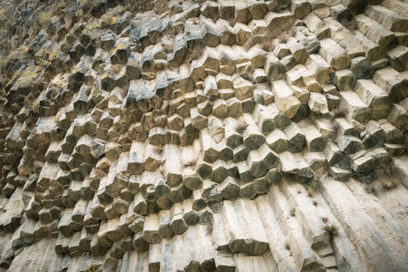 Textured volcanic basalt wall with natural geometric lines and hexagonal shapes. Earthy tones and...
