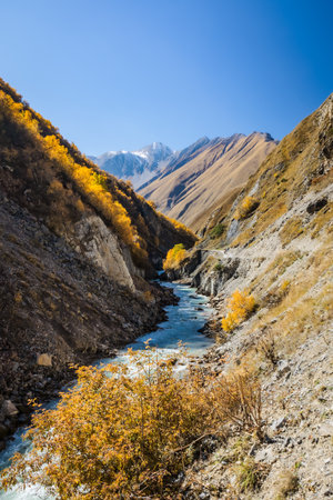 Remote dirt road winding through a golden gorge near Truso Valley in Georgia. Perfect destination for hiking, trekking and autumn travel adventuresの写真素材