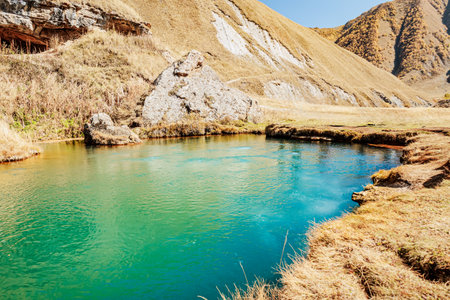 Turquoise mineral lake in Truso Valley, Georgia. Bubbles of natural gas rise from the depths, creating a mysterious autumn landscape surrounded by golden mountainsの写真素材