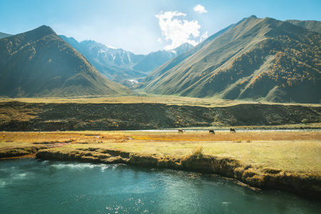 Turquoise mineral lake in the Caucasus Mountains. Autumn colors, rocky cliffs, and vibrant water make this untouched Georgian landscape unforgettableの写真素材