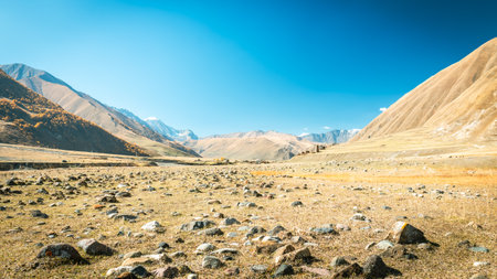 Truso Valley in Georgia with a wide view of golden plains and dramatic mountain ranges. Bright blue sky and layered hills create a stunning backdrop for outdoor explorationの写真素材