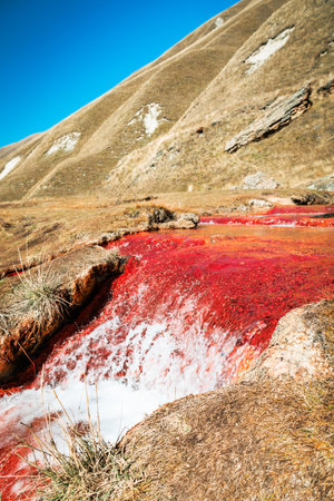 Vivid red mineral spring in Truso Valley, Georgia, during autumn. A surreal natural stream rich in iron colors flows through dry mountain slopes under a clear blue skyの写真素材