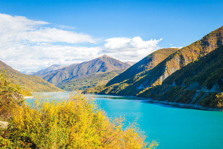 Scenic view of turquoise Zhinvali Reservoir in Georgia, surrounded by colorful autumn forest and mountain slopes under a clear blue sky. Peaceful nature and travel destination in the Caucasusの写真素材