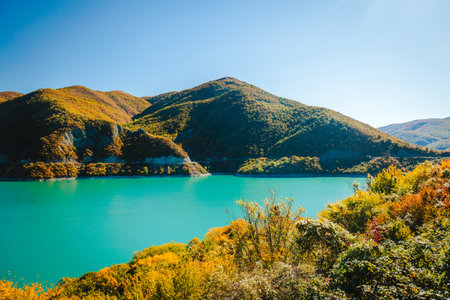 Picturesque view of Zhinvali Reservoir in Georgia surrounded by colorful autumn forest and mountain slopes. Turquoise water and clear skies create a peaceful natural travel destinationの写真素材