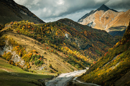 Scenic valley view in the Caucasus mountains of Georgia with a winding river and golden autumn hills. Bright foliage, dramatic light, and peaceful untouched nature in a panoramic landscapeの写真素材