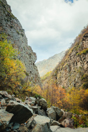 Rocky gorge in the Caucasus mountains during autumn, with vibrant trees and dramatic cliffs. Wild untouched nature, peaceful hiking trail through fall colorsの写真素材