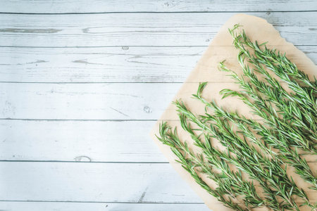 Fresh rosemary sprigs arranged on rustic parchment, capturing the cozy essence of autumn and seasonal cooking on a farmhouse kitchen tableの写真素材
