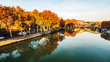 Bright autumn trees along the road in Tbilisi glowing in sunrise light, with colorful reflections in the calm Kura River and soft golden hues of early morningの写真素材
