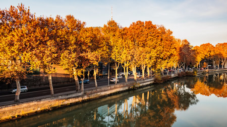 Golden autumn sunrise with vibrant trees along a river and a modern bridge reflecting on calm water in the soft morning lightの写真素材