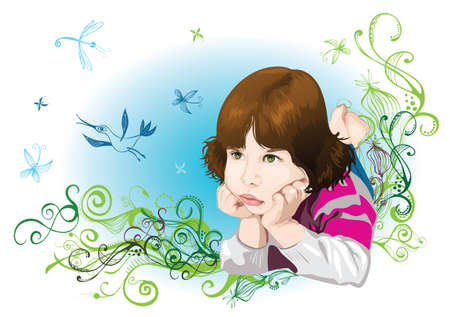 little girl dreams of flowers and insectsのイラスト素材