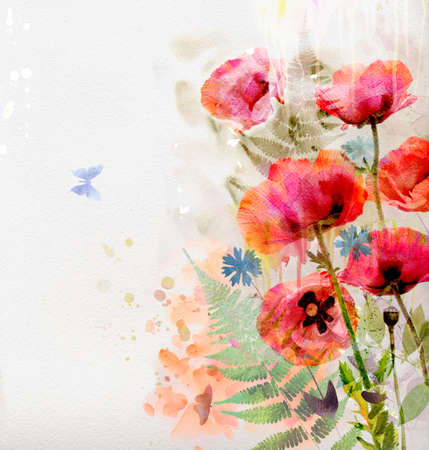 Watercolor red poppiesの写真素材