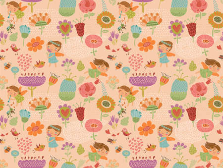 Floral background with fairiesのイラスト素材