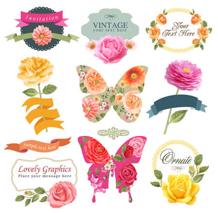 Set of vector flowers, frame, design elementsのイラスト素材