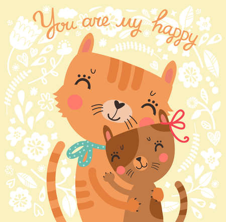 Floral cute background with mother cat and baby catのイラスト素材