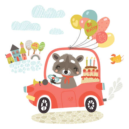 Raccoon by car, greeting cardのイラスト素材