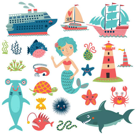Ship, lighthouse and sea lifeのイラスト素材