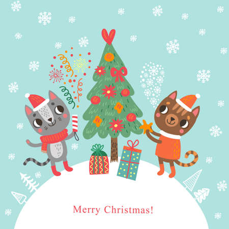 Christmas card with catsのイラスト素材