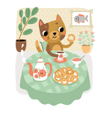 Cute cat at the table drinks tea with cookiesのイラスト素材