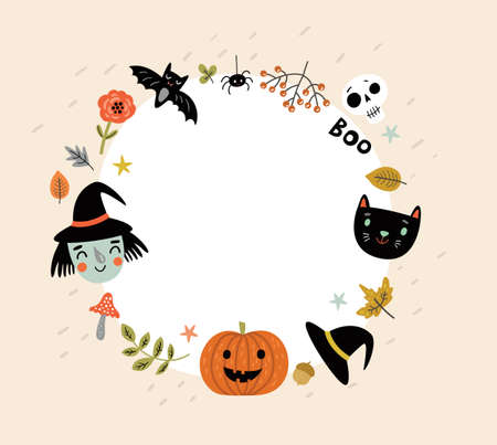 Funny bckground for Halloween with a witch and a catのイラスト素材