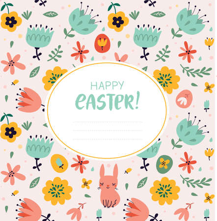 Easter card with bunny and flowersのイラスト素材