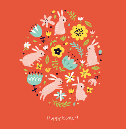 Easter card with bunny and flowersのイラスト素材