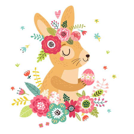 Easter card with bunny and flowersのイラスト素材