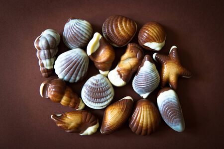 Assorted Chocolate pralines with sea concept on brown background. Copy space.