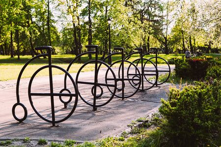 Parking for bicycles in the park. The concept of a healthy lifestyle.
