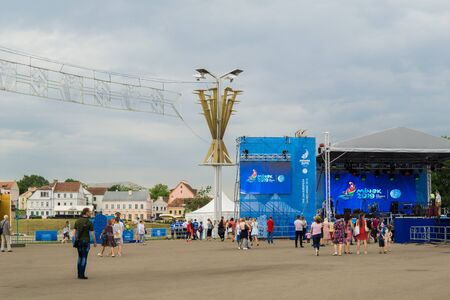 Minsk, Belarus - June 20, 2019. One day before start of 2nd European Games. The stage on Nemiga with Troitskoe predmestie on the background.のeditorial素材