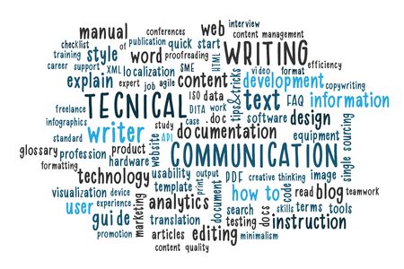 Technical writing word cloud. Techical writer or communicator, documaentation, profession concept....