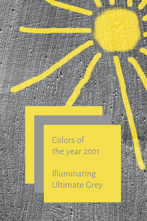 Background grey smooth concrete wall with painted yellow sun. Colors of year 2021. Vertical.の写真素材