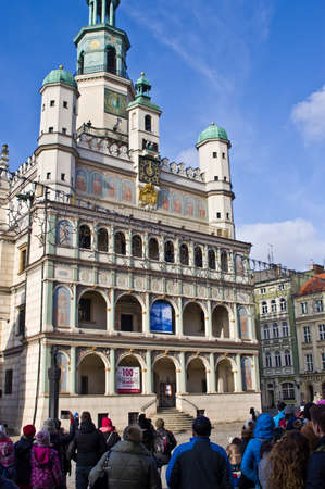 Poznan/Poland - February 6th 2019: colorful old town square with touristsのeditorial素材