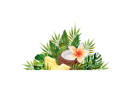 Watercolor illustration of tropical leaves and fruits on isolated white background