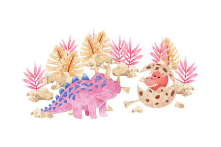collection of watercolor illustration with cute purple and red dinosaurs and tropical vegetation on isolated backgroundの写真素材
