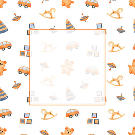 Baby watercolor square frame, seamless pattern on isolated background. Toy pyramid, whirligig toy, wooden horse toy, cube toy, teddy bear, toy car. For greeting cards, designing social media, stationery, printing on objects, etc.の写真素材