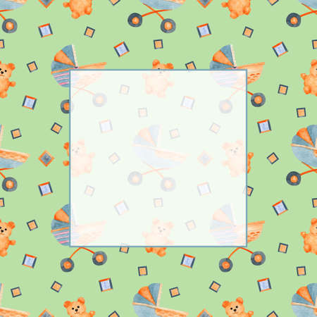 Baby watercolor square frame, seamless pattern on isolated background. Baby carrier. For greeting cards, designing social media, stationery, printing on objects, etc.の写真素材