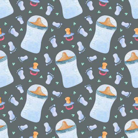 Baby watercolor seamless pattern on isolated background. Baby blue bottle, baby footprints, blue pacifier. For greeting cards, stationery, wrapping paper, wallpaper, splash screen, social media, etc.の写真素材