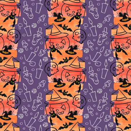 Halloween watercolor seamless pattern. For greeting cards, stationery, wrapping paper, wallpaper, splash screen, social media, etcの写真素材