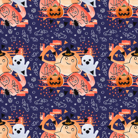 Halloween watercolor seamless pattern. For greeting cards, stationery, wrapping paper, wallpaper, splash screen, social media, etcの写真素材