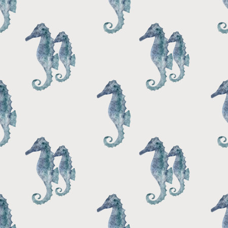Watercolor seamless pattern (sea horse) on isolated background. For greeting cards, stationery, wrapping paper, wallpaper, splash screen, social media, etc.の写真素材