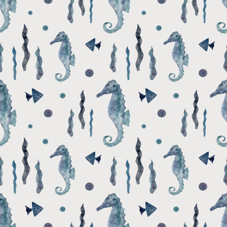 Watercolor seamless pattern (sea horse) on isolated background. For greeting cards, stationery, wrapping paper, wallpaper, splash screen, social media, etc.の写真素材