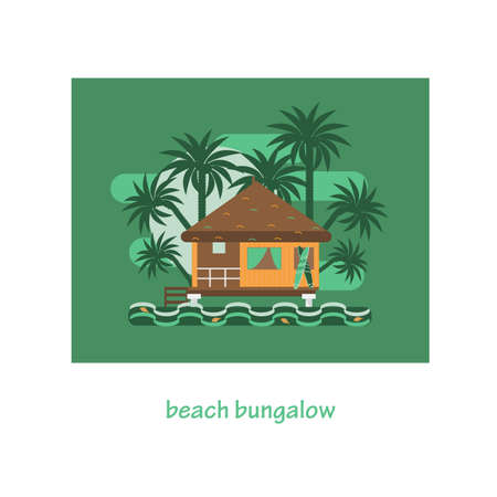 Vacation in paradise concept. Summer beach bungalow by sunset. Romantic tropic house or small straw hut for rent or living. Summer travel poster.のイラスト素材