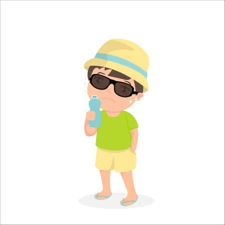 Sweaty cartoon boy with a bottle of water. Sunstrokeのイラスト素材
