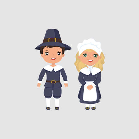 Waving pilgrim couple. Girl and boy in traditional clothes. Vector Illustration.のイラスト素材