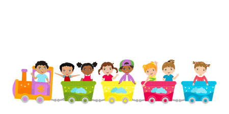 Multiethnic kids ride on a children's railway.のイラスト素材