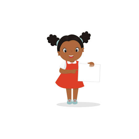 Cartoon African American girl child pointing to the banner in his hand. Place for textのイラスト素材