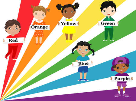 Children of different races and ethnic groups dressed in rainbow colors hold posters with color names.のイラスト素材