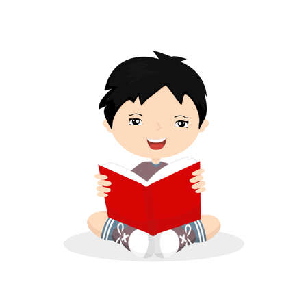 Asian boy reading a bookのイラスト素材