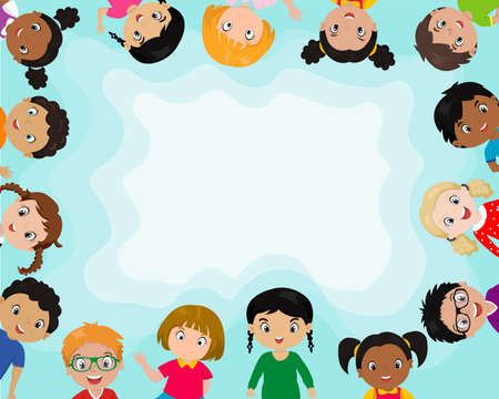 Fun kid's frame. Many of children hold blank. Illustration of Kids Lying Close Together forming a frameのイラスト素材